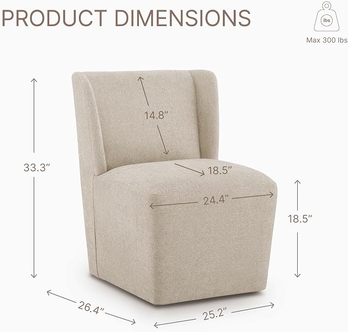KISLOT Upholstered Dining Chairs Set of 1 with Casters, Wingback Modern Side Armless Deskchair with Rollers for Diningroom Bedroom Livingroom Reading Room, Sand Fabric
