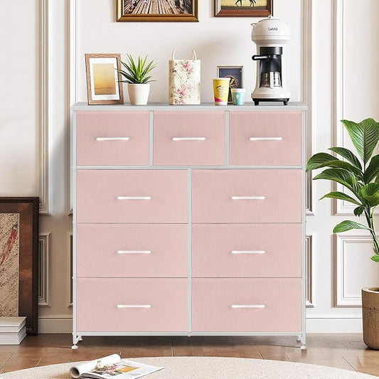 9-Drawer Dresser for Bedroom, Anti-Tip Tall Storage Organizer Chest of Drawers with Wooden Top and Metal Frame Fabric Bins for Closet, Living Room, Hallway, Entryway, Pink