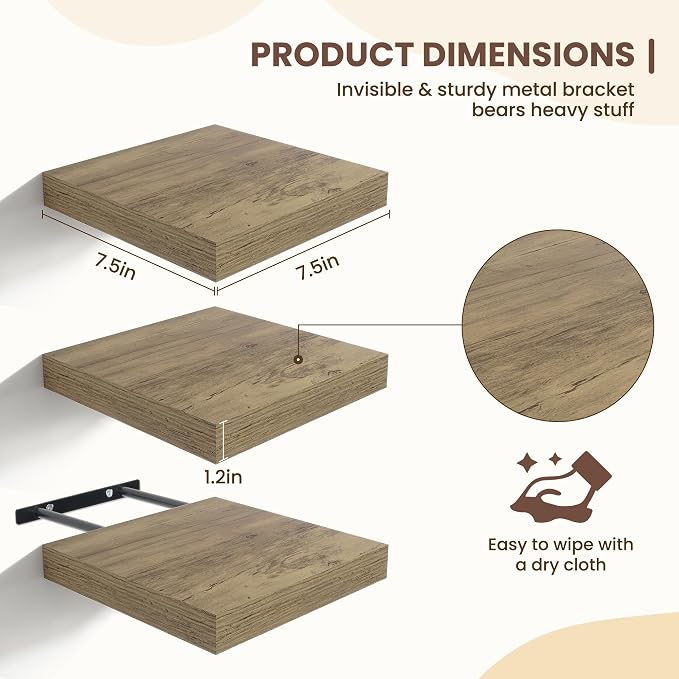 Fun Memories Floating Shelves for Wall - 7.5 Inch Square Shelves with Invisible Brackets, Small Wall Shelf for Living Room, Bathroom, Bedroom, and Kitchen Decor Grey Set of 3