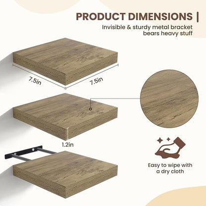 Fun Memories Floating Shelves for Wall - 7.5 Inch Square Shelves with Invisible Brackets, Small Wall Shelf for Living Room, Bathroom, Bedroom, and Kitchen Decor Grey Set of 3