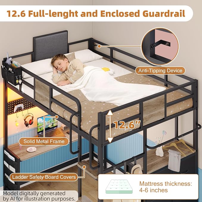 Dnxao Twin Loft Bed with Desk, Heavy Duty Twin Bed Frame with Integrated 6 Storage Drawers & DIY Pegboard, Smart LED Lights, Charging Station with Type-C, Space-Saving Workstation for Teens,Oak Gray