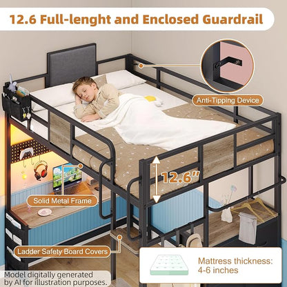 Dnxao Twin Loft Bed with Desk, Heavy Duty Twin Bed Frame with Integrated 6 Storage Drawers & DIY Pegboard, Smart LED Lights, Charging Station with Type-C, Space-Saving Workstation for Teens,Oak Gray
