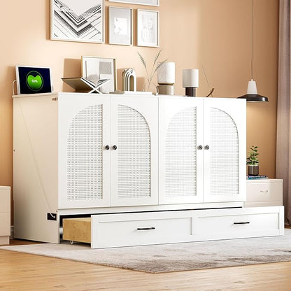 Ball & Cast Murphy Bed Queen Size Bedroom Folding Wall Cabinets Frame with Large Drawer and USB Ports,Hideaway Bed w/Tri-Fold Mattress Design,for Guest Room,Study,Office,White