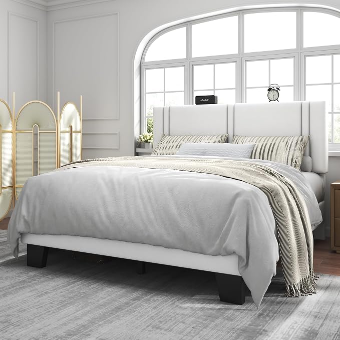 Feonase Full Size Platform Bed Frame, Velvet Upholstered Full Bed Frame, Solid Wood Slats & Heavy Duty Feet Support, No Box Spring Needed, Noise-Free, Easy Assembly, White