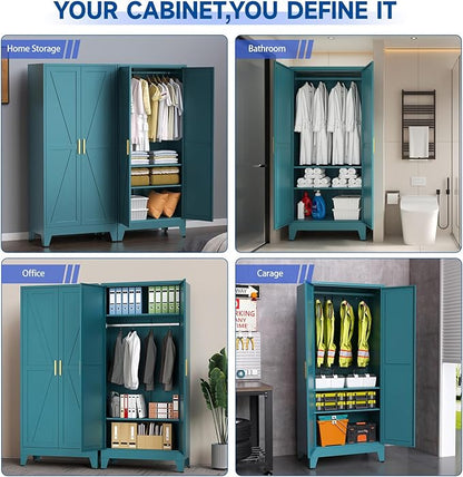 Steel Armoire Wardrobe Closet, 71" Metal Clothing Storage Cabinets with 2 Doors & 2 Adjustable Shelves, Blue Wardrobe Cabinet with Hanging Rod for Bedroom, Gym