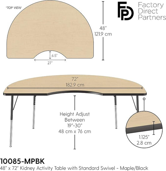 FDP Kidney Activity School and Office Table (48 x 72 inch), Standard Legs with Swivel Glides for Collaborative Seating Environments, Adjustable Height 19-30 inches - Maple Top and Black Edge