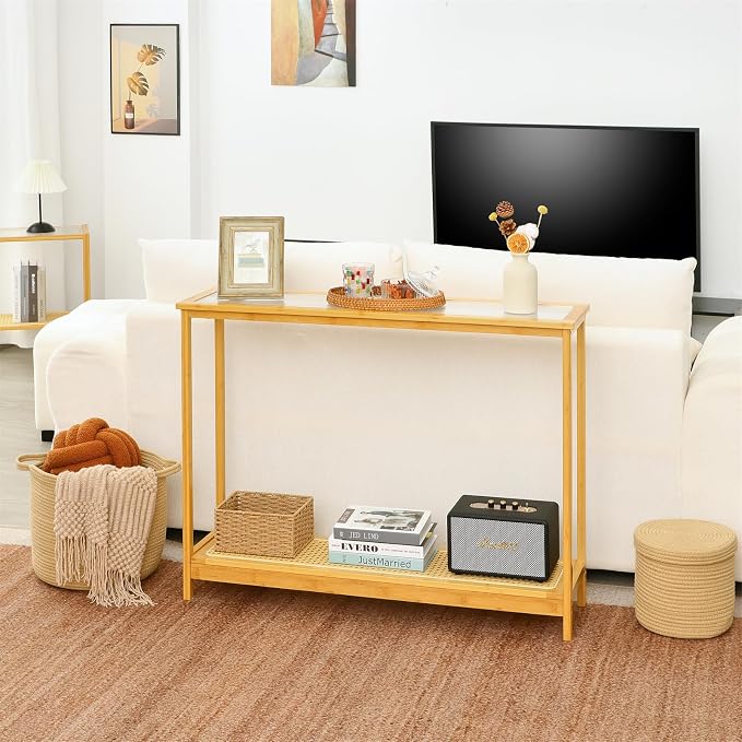 Bamboo Narrow Console Table, 39.4"(L) Wood Small Entryway Table with Rattan and Glass, Accent Slim Hallway Tables, Thin Sofa Side Tables for Hallway, Living Room, Foyer, Burlywood