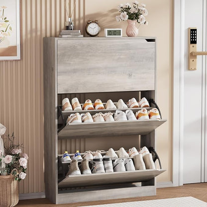 Shoe Storage Cabinet, Wood Shoe Organizer for Entryway with 3 Flip Drawers, Freestanding Shoe Rack with Adjustable Shelf, Narrow Shoe Dresser for Front Door Entrance (Grey, 3 Drawers)