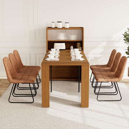 HIPIHOM Dining Table Set for 6, Extendable 86.6" with Storage | Space-saving MDF Kitchen Table with 6 Upholstered U-shaped Brown Chairs, Ideal for Apartment, Living Room