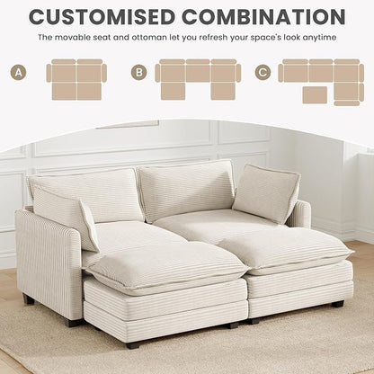 78'' Modular Sectional Cloud Couch with 2 Movable Ottoman, 4 Seat Comfy Modern Corduroy Sofa with 2 Throw Pillows, Deep Seat Sleeper Couch for Living Room Bedroom Apartment, Beige