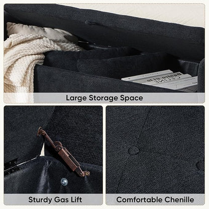 48" End of Bed Bench, Modern Storage Benches with Button-Tufted, Chenille Upholstered Storage Ottoman Bench for Foot of Bed with Arms, Gold Legs Window and Entryway, Black
