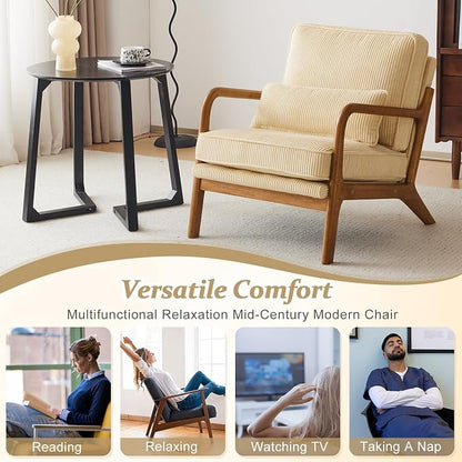 VINGLI Upgraded Premium Corduroy Accent Chairs Set of 2,Upholstered Arm Chair,Solid Wood Comfy Reading Chair with Lumbar Pillow, Mid Century Modern Chairs for Living Room,Bedroom,Dark Beige