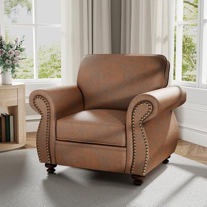 Couchus Vintage Accent Chair with Rivet Decoration, Traditional Upholstered Armchair, Living Room Chair, Rustic Single Sofa Chair for Bedroom, Reading Room & Office(Caramel Rust, Single)