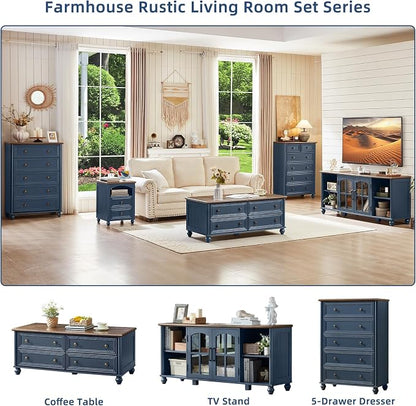 RWYHG 48" Farmhouse Coffee Table with Hidden Storage,Wooden Coffee Tables with 4 Drawers & Roman Column Handle,Rectangular Rustic Center Table with Solid Wood Curved Legs for Living Room,Office,Blue
