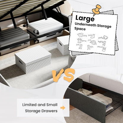 SHA CERLIN Full Size Lift Up Storage Bed/Modern Wingback Headboard/Upholstered Platform Bed Frame/Hydraulic Storage/No Box Spring Needed/Wood Slats Support/Light Beige