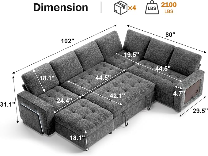 Vipbear 7 Seat L Shaped Modular Sectional Sleeper Sofa Bed with Ottoman/Pull Out Bed/Reclining Backrest/USB Ports/Table/LED Light/Storage Seat, Tool-Free Assembly, Dark Grey