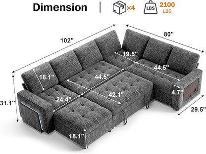Vipbear 7 Seat L Shaped Modular Sectional Sleeper Sofa Bed with Ottoman/Pull Out Bed/Reclining Backrest/USB Ports/Table/LED Light/Storage Seat, Tool-Free Assembly, Dark Grey