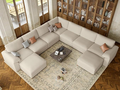 EASE MOOSE Faux Leather Sectional Couch, Oversized Modular Sofa, Modern Comfy Modular Couch, Scratch Resistant Material Sofas, U Shaped Couch for Big Spaces, Beige