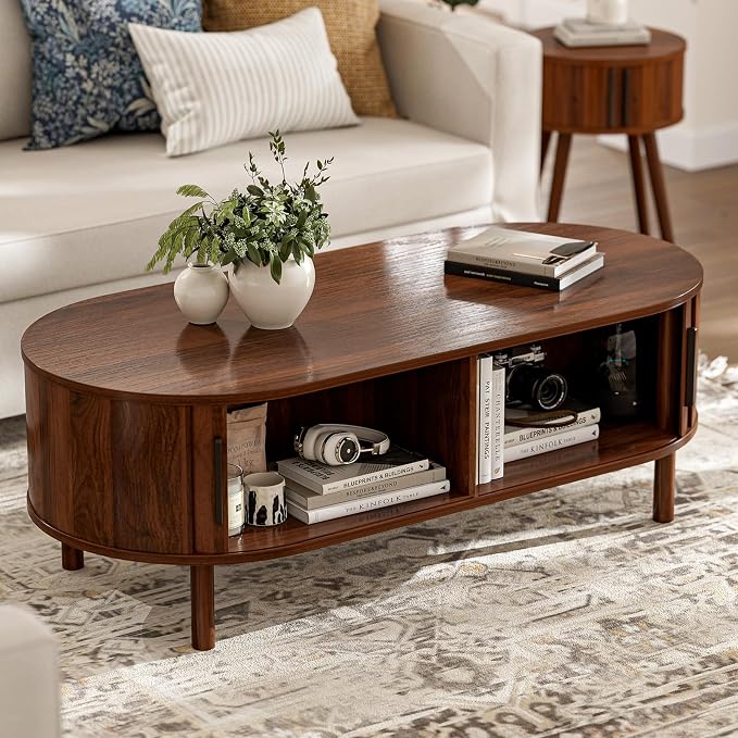 ZttRiee Oval Coffee Table with Sliding Doors, Mid-Century, Walnut | 47.24"L x 21.65"W x 16.14"H, 200 lbs capacity, 2 front & back storage areas, ~60 min assembly