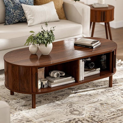ZttRiee Oval Coffee Table with Sliding Doors, Mid-Century, Walnut | 47.24"L x 21.65"W x 16.14"H, 200 lbs capacity, 2 front & back storage areas, ~60 min assembly
