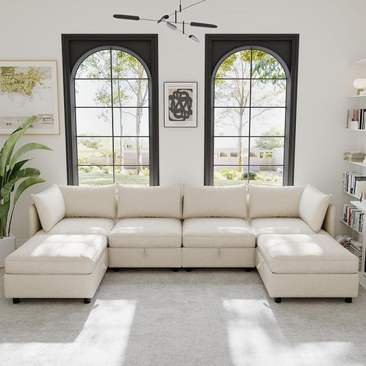 129-Inch U-Shaped 6 Seat Modular Sofa Deep Seat Storage Sectional Sofa Couch Free Combination with Movable Ottomans ,6 Seat Chenille Upholstered U-Shaped Convertible Sleeper Couch for Home Apartment | Space Saving