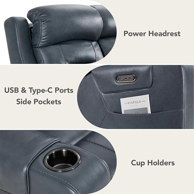 Watson & Whitely Genuine Leather Power Reclining Sofa, 3-Seater Lay Flat Recliner Sofa with Power Headrest, Cup Holders, USB & Type-C Ports, Electric Reclining Couch for Living Room, Navy Blue