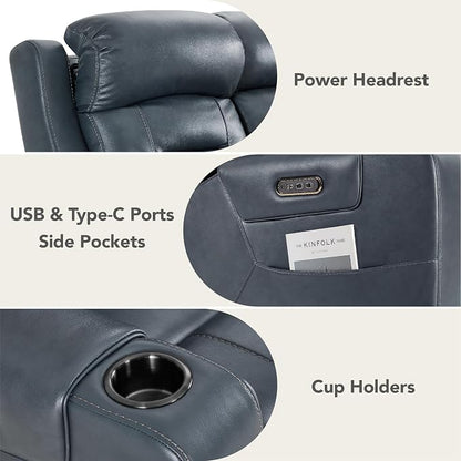 Watson & Whitely Genuine Leather Power Loveseat Recliner Sofa, Lay Flat Reclining Sofa with Console, Power Headrest, Cup Holders & Wireless Charging, Dual Recliner for Living Room, Navy Blue