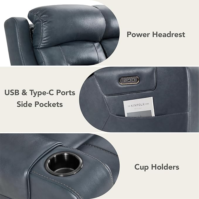 Watson & Whitely Genuine Leather Power Loveseat and Recliner Sofa Set, Lay Flat Reclining Couch with Console, Power Headrest, USB & Wireless Charging, Cup Holders for Living Room, Navy Blue
