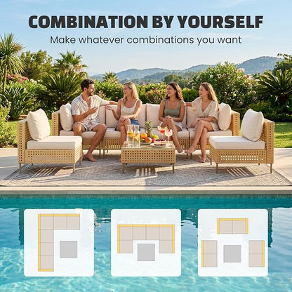 LHBcraft 7-Piece Wicker Outdoor Patio Furniture Set, Modular Rattan Outdoor Furniture, Patio Conversation Sets, Handmade Rattan, Water Resistant Fluffy Cushions and Coffee Table, Brown