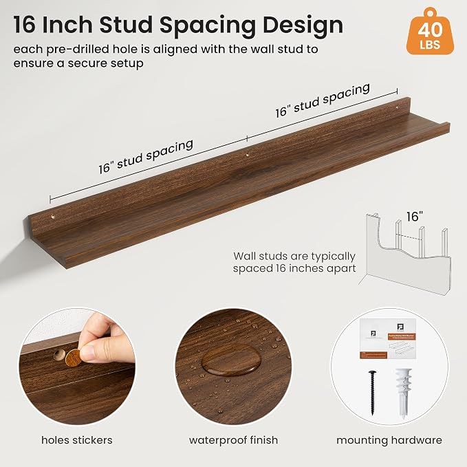 Axeman Picture Ledge Shelf | 40 Inch Floating Shelves Set of 4 | Walnut Wall Shelves with Lip | Walnut Picture Shelf for Wall with Ledge | Wood Photo Ledges for Living Room Bedroom
