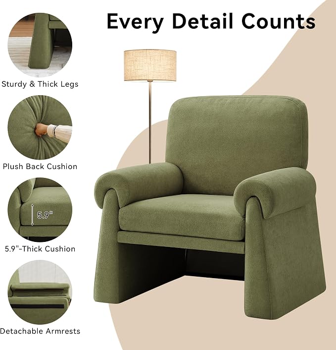 Accent Chairs Set of 2, Modern Living Room Chairs, Comfy Single Sofa Chair with Thick Cushion and Armrests, Upholstered Reading Club Chair, Arm Chair for Living Room Bedroom, Green