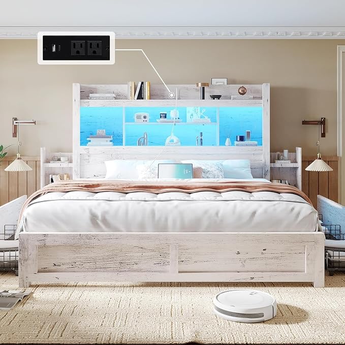 LUXOAK California King Bed Frame with 49.6" Bookcase Headboard & 2 Bedside Stoage Racks & 4 Drawers, Farmhouse Wood Bed Frame with RGB LED & Charging Station, No Box Spring Needed, Distressed White
