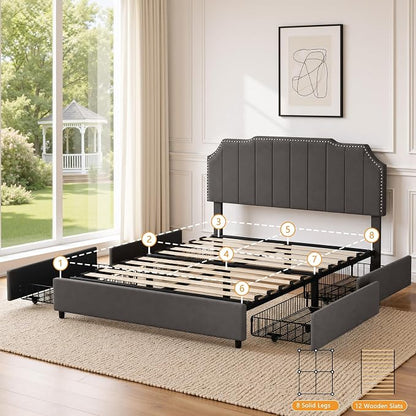 VECELO Queen Bed Frame with 4 Storage Drawers & Upholstered Platform &Tufted Adjustable Headboard/Mattress Foundation/Wood Slat Support,Easy Assembly,Dark Grey