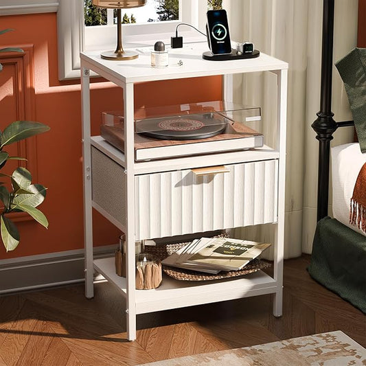 VINGLI White Nightstand with Charging Station and Fabric Drawer, Fluted Night Stand/Bedside Table, Small Night Stand with Charger Station for Bedroom, Dorm, 14.96" W*11.81" D*23.7" H, 1 pc