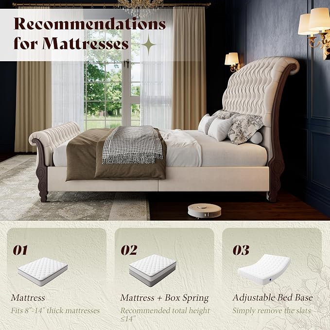 AMERLIFE Upholstered Queen Bed Frame, 53" Tall Sleigh Bed with Button Tufted Chenille Headboard and Footboard, Platform Bed with Carved Solid Wood Legs, No Box Spring Needed, Cream