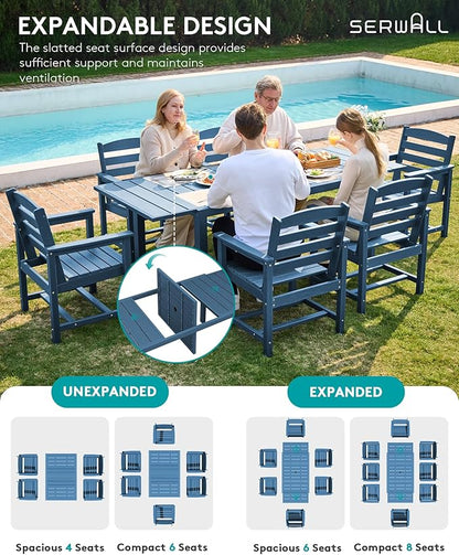 SERWALL HDPE and Aluminum Outdoor Dining Set for 8, Blue | 60" - 83" Expandable Outdoor Dining Table and 8 HDPE Chairs, All Weather Outdoor Furniture Set