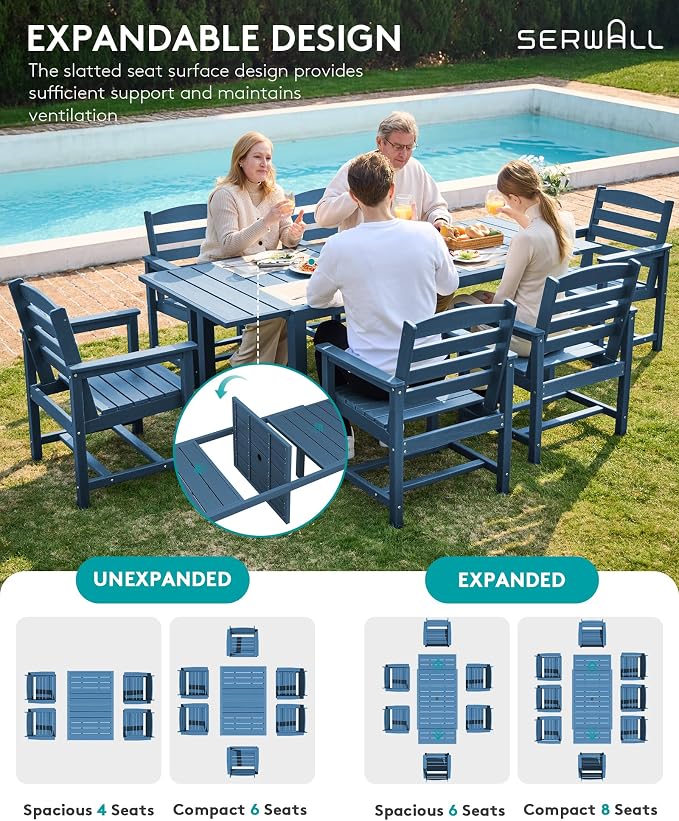 SERWALL 10-Piece Patio Dining Sets with 15FT Patio Umbrella, Blue | 60" - 83" Expandable Outdoor Dining Table and 8 HDPE Chairs, All Weather HDPE Outdoor Furniture Set
