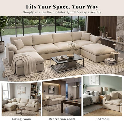 143" Cloud Modular Sectional Sofa,Khaki Down Filled Sofa 4 Seat with Chaise,Minimalist Sofa Cover Washable and Replaceable Couches for Living Room,Sectional Sofa Deep Seat