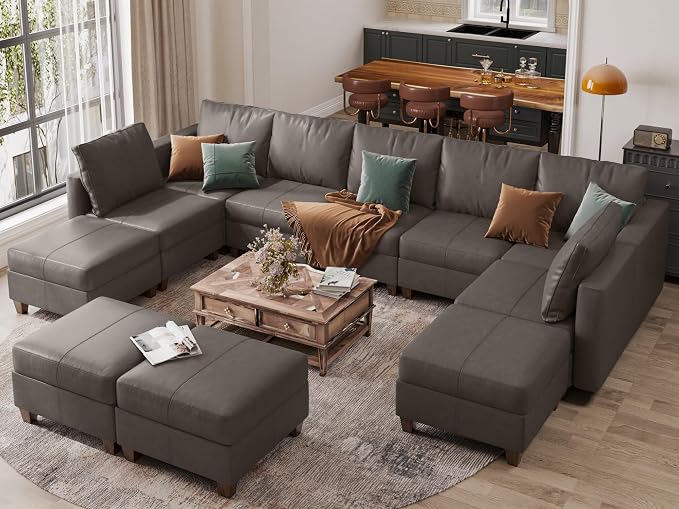 EASE MOOSE Faux Leather Sectional, Large Modular Sofa Couch U Shaped Sectional Couch with Storage Ottomans, Grey