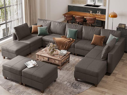 EASE MOOSE Faux Leather Sectional, Large Modular Sofa Couch U Shaped Sectional Couch with Storage Ottomans, Grey