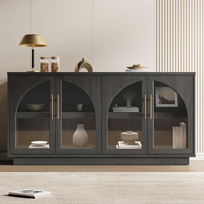 Fatmok 59" Buffet Cabinet with Glass Doors, Modern Arched Sideboard with Large Storage and Adjustable Shelves, Accent Console Credenza for Dining Room, Living Room, Entryway, Black Grey
