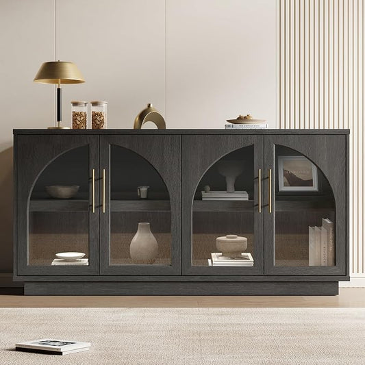 Fatmok 59" Buffet Cabinet with Glass Doors, Modern Arched Sideboard with Large Storage and Adjustable Shelves, Accent Console Credenza for Dining Room, Living Room, Entryway, Black Grey