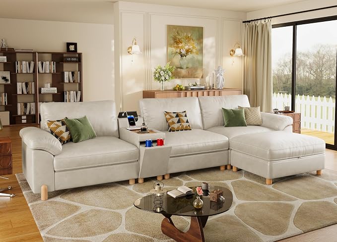 SITJOY Large Cloud Couch, 132" Wide 3 Seater L Shaped with Console, White | Pet-Friendly Scratch-Resistant Leather Sectional Sofas for Living Room, Deep Seat Wide Couch with Chaise, Storage Ottoman
