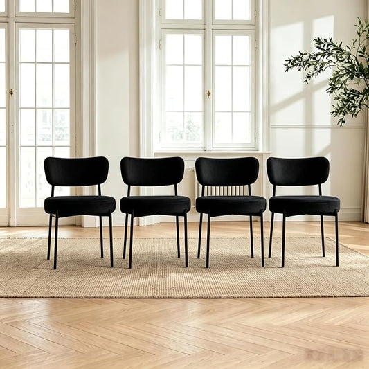 Boucle Dining Chairs Set of 4, White Mid Century Modern Kitchen Dining Room Chairs with Curved Backrest and Metal Frame, Round Upholstered Dining Chairs for Kitchen, Living Room