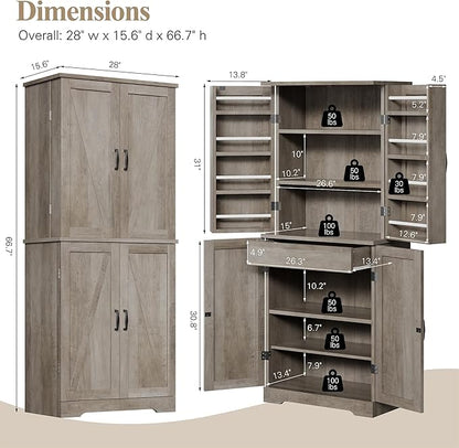 Vongrasig Kitchen Pantry Storage Cabinet with Barn Doors, Drawer and Adjustable Shelves, 6-Tier Tall Rustic Wood Cupboard Locker for Kitchen, Dining Room, Living Room, Bathroom, Rustic Grey