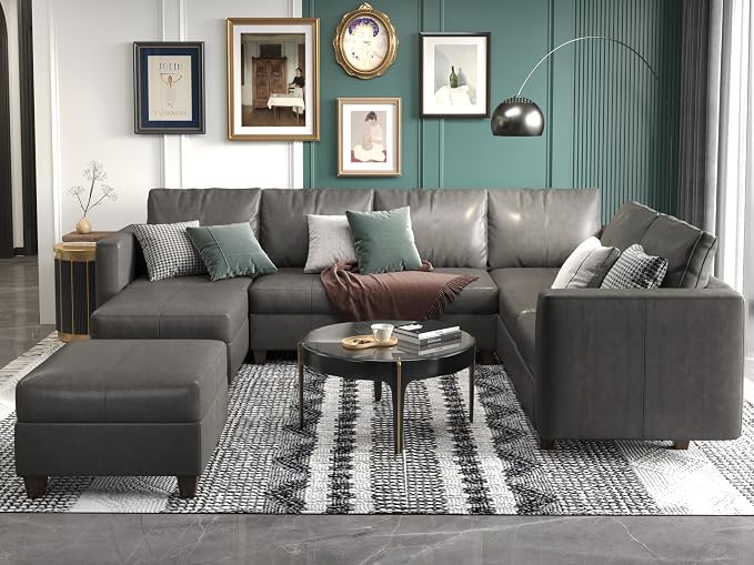 EASE MOOSE Faux Leather Modualr Sectional Couch with Storage,Gray Faux Leather Sectional Sofa Modular Couch,Grey