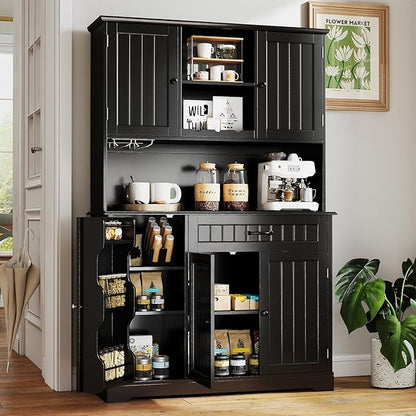 Gizoon Kitchen Pantry Cabinet with Countertop Kitchen Hutch Storage Cabinet 67.7" Tall Pantry Coffee Bar with Storage for Dining Room and Craft Room, Painted Black