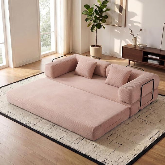 ZEIINPA Convertible Folding Couch Bed, Comfy Corduroy Sleeper Floor Sofa Bed with Fixed-Shape Frame, Floor Sofa with Armrest, Lounge Couch for Living Room Bedroom Lounge Studio,Pale Pink