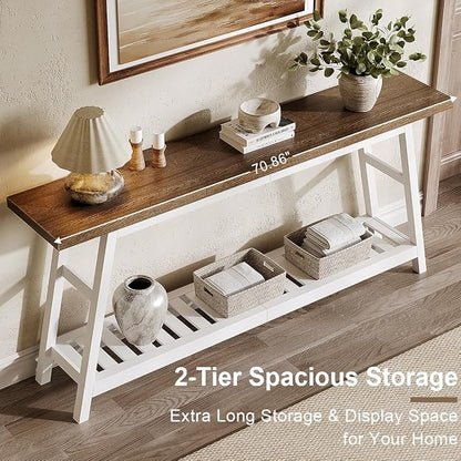 ChooChoo 70.9 Inch Long Console Tables for Entryway, Wood 2-Tier Entry Hallway Table, Narrow Sofa Table Behind Couch Table for Living Room, Entrance, White & Brown