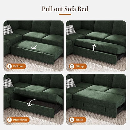 Vesgantti 88.4" Sectional Sleeper Sofa with Pull Out Bed, 5 Seater L Shaped Modular Sectional Couch with Storage, Comfy Chenille Modular Couch for Living Room, Bedroom, Apartment, Green